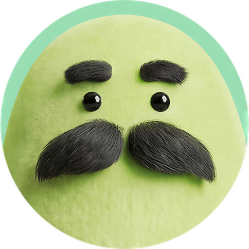 Beto, a green felt ball with a moustache